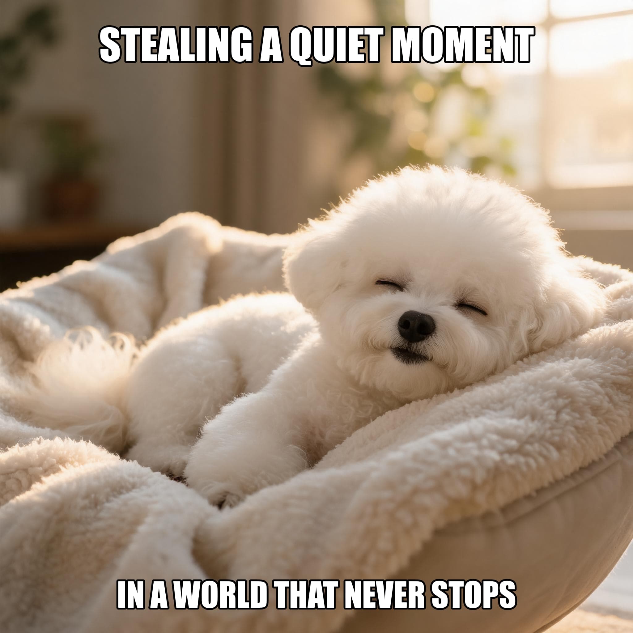 Lazy day dog meme variant — sprawled on cushion, half-closed eyes, golden sunlight