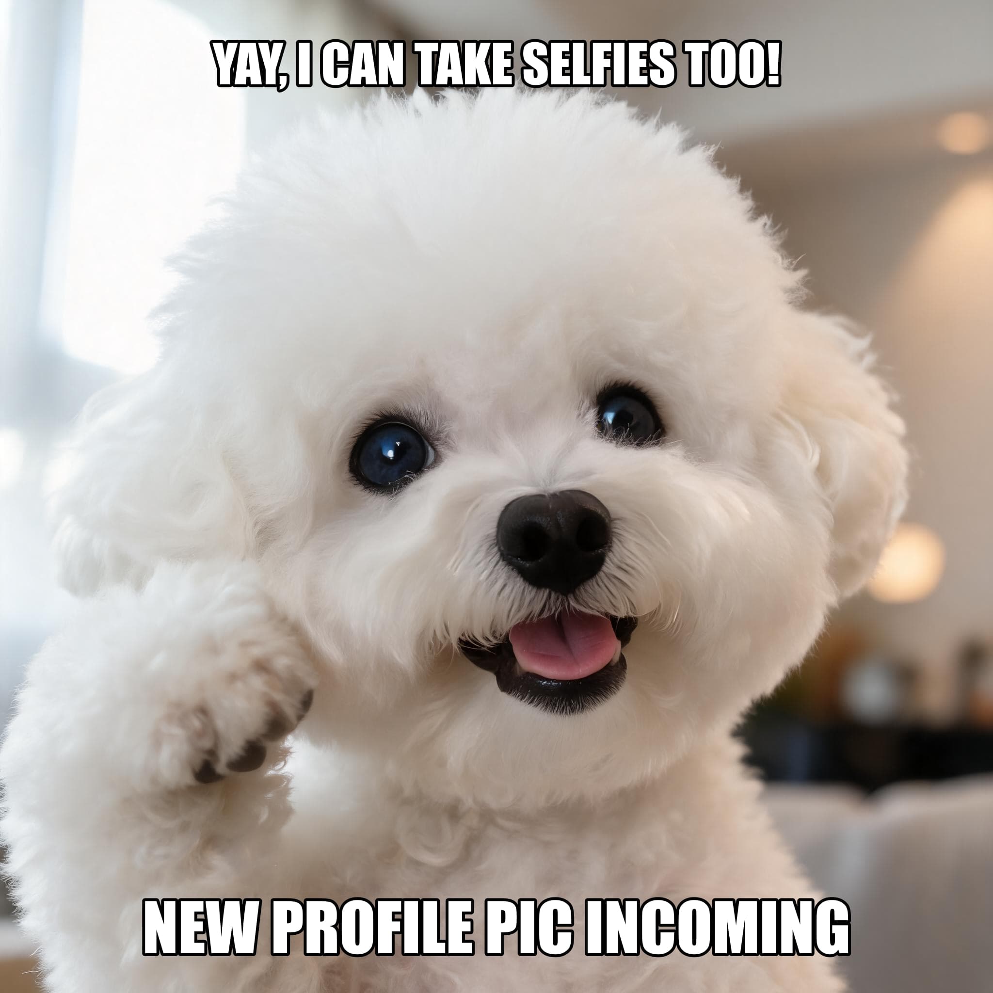 Selfie dog meme variant — silly grin, paw near chin, front camera angle