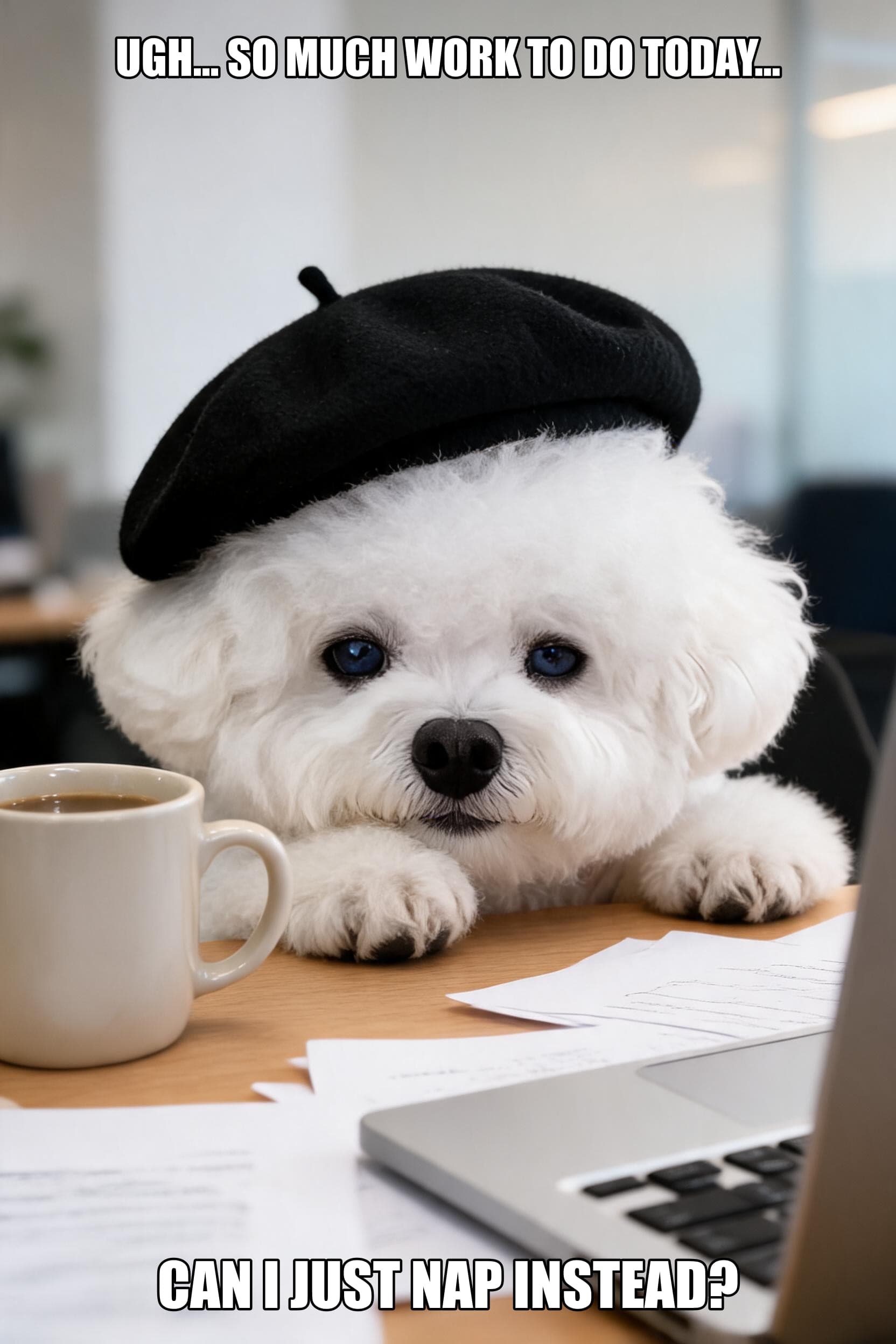 Work blues dog meme variant — chin on paw, half-lidded unimpressed eyes