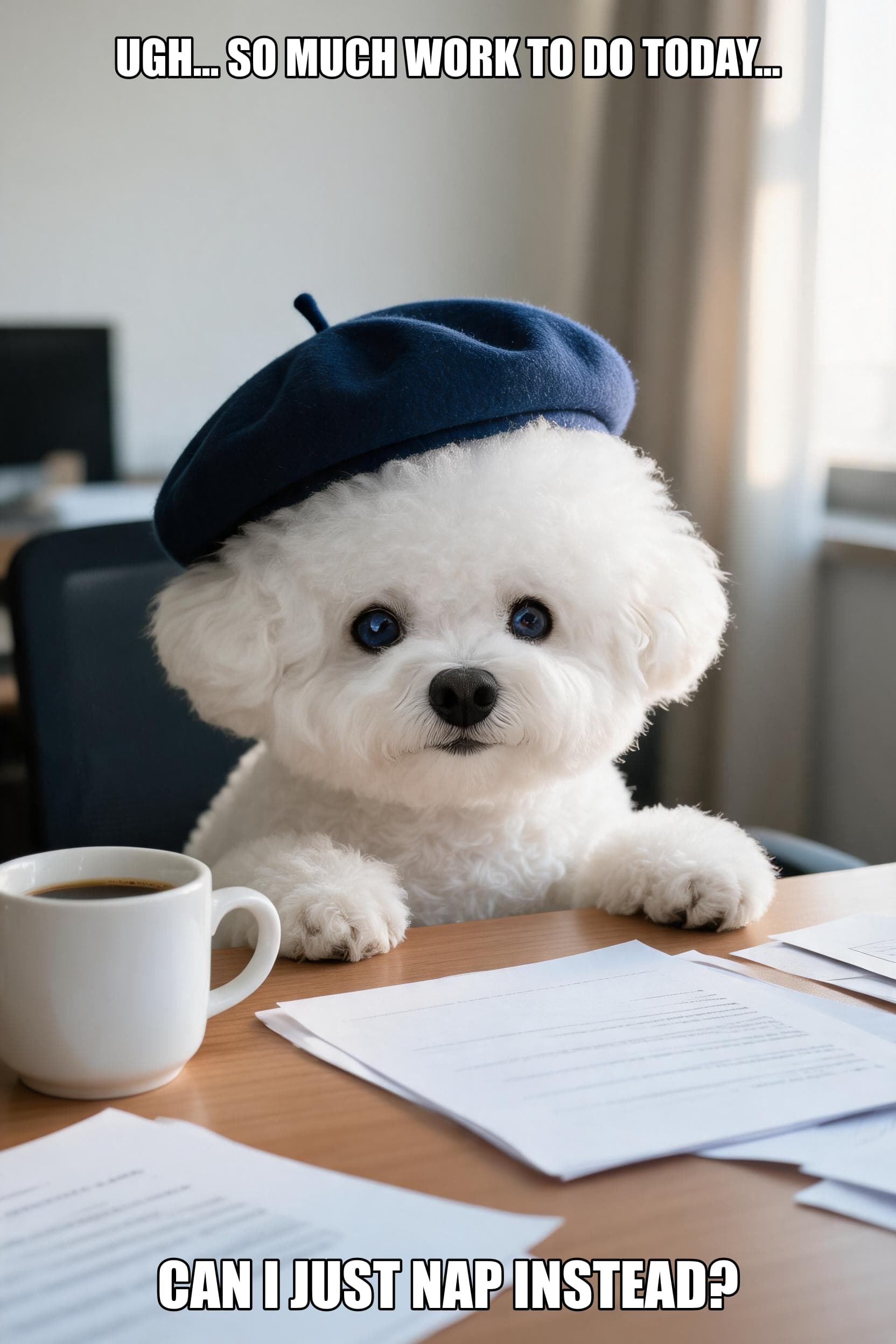 Work blues dog meme variant — staring blankly at coffee mug, done with today